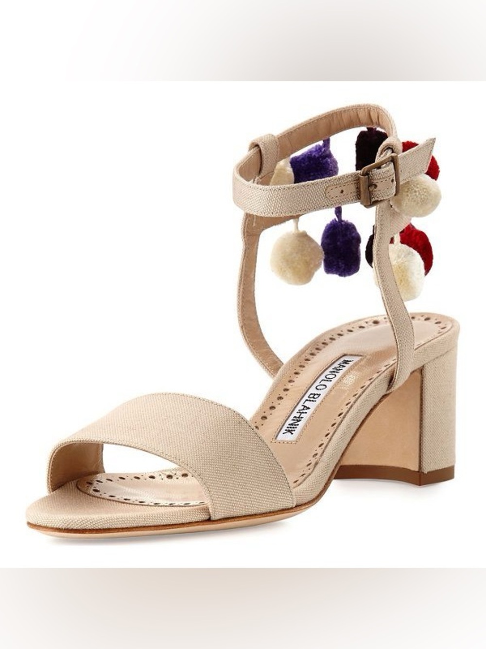 Manolo Blahnik Pom-Pom Canvas 50 Nude Sandals